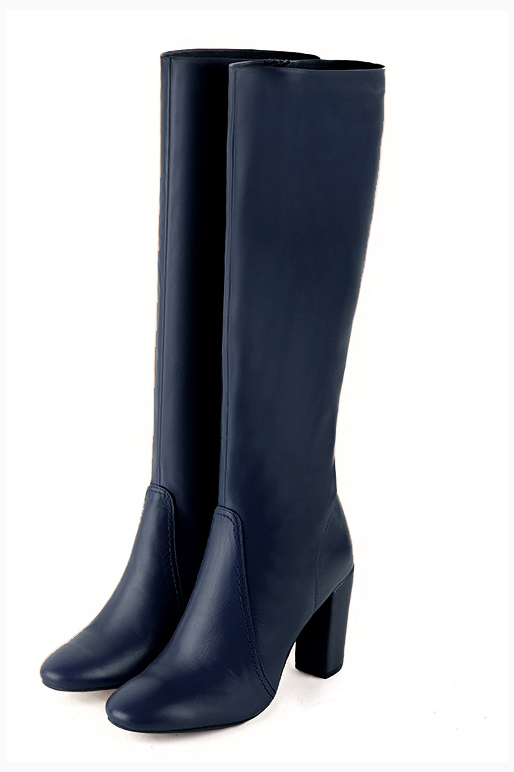 Navy blue women's feminine knee-high boots. Round toe. High block heels. Made to measure. Front view - Florence KOOIJMAN
